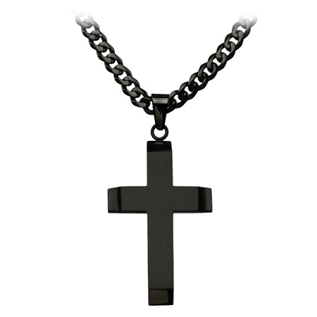 Black IP Steel Beveled Cross Pendant - Click Image to Close